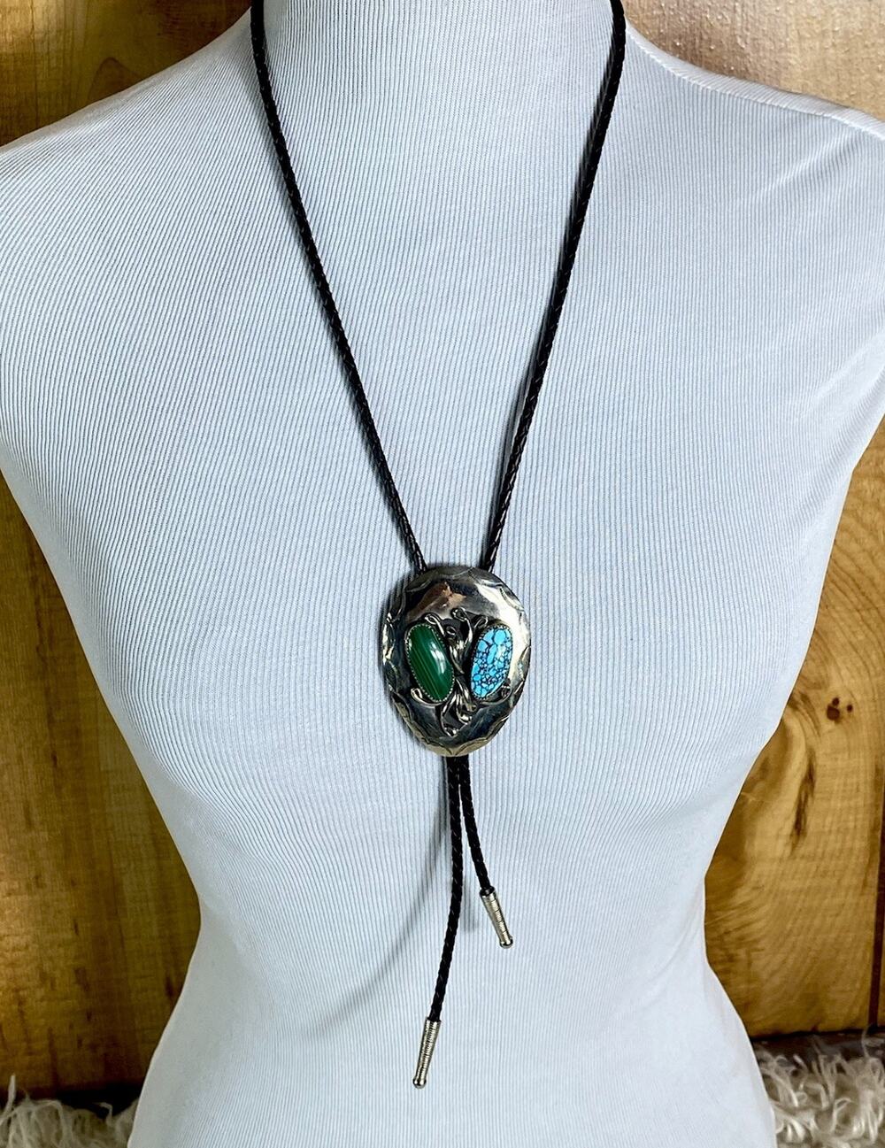 Native American Silver Plated Turquoise & Malachite Braided Black Leather Bolo